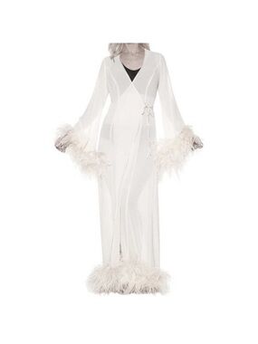White Sheer Feather Trim Wrap Robe
